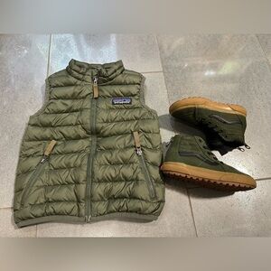 Patagonia & Vans 2t 8c Down Sweater Vest & Sk8-Hi Zip Gum Shoe Olive Brown